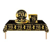 COSORO 37 pièces Ensemble de Vaisselle Noir et Doré Joyeux Anniversaire pour 70 Ans, Nappes Assiettes en Papier et Serviettes Décoration de Table Decor Fête d'anniversaire pour 70 Ans Homme Femme