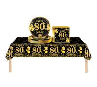 COSORO 37 pièces Ensemble de Vaisselle Noir et Doré Joyeux Anniversaire pour 80 Ans, Nappes Assiettes en Papier et Serviettes Décoration de Table Decor Fête d'anniversaire pour 80 Ans Homme Femme