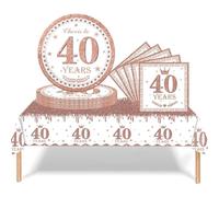 COSORO 37 pièces Ensemble de Vaisselle Or Rose Joyeux Anniversaire pour 40 Ans, Nappes Assiettes en Papier et Serviettes Décoration de Table Decor Fête d'anniversaire pour 40 Ans Homme Femme