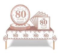COSORO 37 pièces Ensemble de Vaisselle Or Rose Joyeux Anniversaire pour 80 Ans, Nappes Assiettes en Papier et Serviettes Décoration de Table Decor Fête d'anniversaire pour 80 Ans Homme Femme