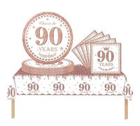 COSORO 37 pièces Ensemble de Vaisselle Or Rose Joyeux Anniversaire pour 90 Ans, Nappes Assiettes en Papier et Serviettes Décoration de Table Decor Fête d'anniversaire pour 90 Ans Homme Femme