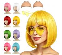 COSORO Lot Perruque Bob Courte Synthétique Jaune avec Frange, 1 Lunettes Cœur & 2 Filets à Perruque Nude, Perruque Colorée EVJF, Cosplay, Halloween, Carnaval, Soirée Néon