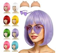 COSORO Lot Perruque Bob Courte Synthétique Lilas avec Frange, 1 Lunettes Cœur & 2 Filets à Perruque Nude, Perruque Colorée EVJF, Cosplay, Halloween, Carnaval, Soirée Néon