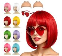 COSORO Lot Perruque Bob Courte Synthétique Rouge avec Frange, 1 Lunettes Cœur & 2 Filets à Perruque Nude, Perruque Colorée EVJF, Cosplay, Halloween, Carnaval, Soirée Néon
