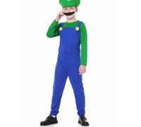Cosplay Costume, Costume de Plombier Super Brothers, avec Costume, Chapeaux et Moustache, Costume de Carnaval Classique Halloween Cosplay, pour Hommes Femmes Garçons Filles, Garçon Vert, XL