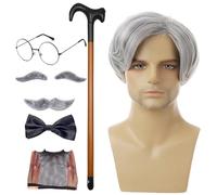 Cosplay de vieil homme, Costume de grand-père pour hommes, taille adulte | Kit de costumes de grand-père 8 pièces/ensemble | Perruque canne de marche, lunettes, faux sourcils, moustache, nœud papillon
