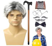 Cosplay de vieil homme, Costume de grand-père pour hommes, taille adulte - Kit de costumes de grand-père 8 pièces/ensemble | Perruque de vieil homme, lunettes de canne, Faux sourcils, moustache, nœud