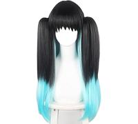 Cosplay Wig Anime Cosplay Demon Slayer Perruque, Perruque Femme Noir Bleu Dégradé Deux Queues de Cheval for Kimetsu No Yaiba Tokitou Muichirou Perruques de Jeu de Rôle avec Bonnet de Perruque, for la