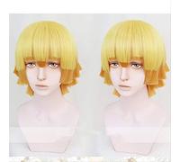 Cosplay Wig Anime Demon Slayer: Kimetsu no Yaiba Zenitsu Agatsuma Perruque Courte Brun doré Cheveux résistants à la Chaleur Cosplay Costume Perruques + Cap + Track