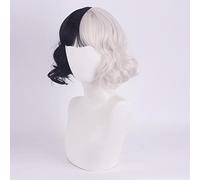 Cosplay Wig For CRUELLA De Vil Half White Half Black Short Curls Wavy Wigs Women Short Bangs Wig Cos Cruella Wig Prop