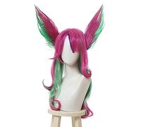 Cosplay Wig L-email perruque LoL Xayah Cosplay Perruques Star Guardians Long Rose Vert Cosplay Perruque avec Oreilles Halloween Cheveux Synthétiques Résistant À La Chaleur 25 pouces Muli Couleur