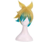 Cosplay Wig LoL Cosplay Costume Perruque for Ezreal, Doré Bleu Fibre Résistant À La Chaleur Cheveux Courts Bouclés Perruque Synthétique avec Bonnet de Perruque Gratuit, for Halloween, Fête d'Anniversa