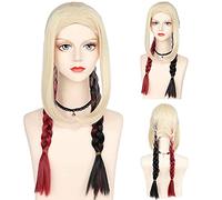 Cosplay Wig Perruque Anime Cosplay Perruque Noire et Rouge for Femme Perruque tressée Blonde avec Double Queue de Cheval Perruques Longues et Droites (New Suicide Squad Harley Quinn)