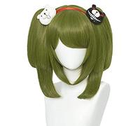 Cosplay Wig Perruque Verte + 2 Clips d'ours Anime Pigtails Perruque de Cosplay for Monaca Towa avec queues de Cheval détachables Cheveux Lolita avec Frange for fête d'halloween + Casquette