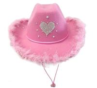COSSIKA Chapeau de Cowboy en Plumes de Diamant Barbie Coeur Rose Chapeaux de Cowboy avec Motif de Coeur en Diamant pour Les bals de Fin d'année, banquets, Chapeaux de Cowboy de fête avec Peluche