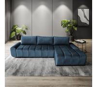 Costa Canapé d'angle en L avec fonction de couchage Meuble de chevet Tissu : Vogue 13 Blue Pouf : à droite