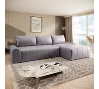 Costa Canapé d'angle en L avec fonction de couchage Meuble de chevet Tissu : Vogue 14 gris Pouf : à droite