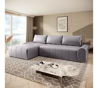 Costa Canapé d'angle en L avec fonction de couchage Meuble de chevet Tissu : Vogue 14 gris Pouf : gauche