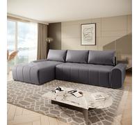 Costa Canapé d'angle en L avec fonction de couchage Meuble de chevet Tissu : Vogue 15 Gris foncé Pouf : gauche