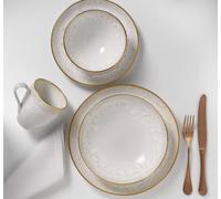 Costa Nova Vaisselle Taormina Blanc avec bord doré, set de 5 pièces - Assiette plate - Assiette à soupe - Assiette à déjeuner - Bol - Gobelet