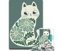 Costal Blue Boho Cats Art, Floral Cat Illustr Puzzle en Bois, 300 pièces | Idée cadeau de Noël pour adulte avec activité pour une soirée calme.