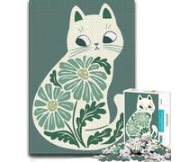 Costal Blue Boho Cats Art, Floral Cat Illustr Puzzle en Bois, 500 pièces | Cadeau d'anniversaire pour amateur de puzzle : activité autour de la table seul ou à plusieurs.