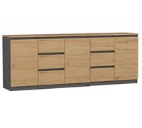 Costi - Buffet Long 3 Portes + 6 Tiroirs - 200x40x75 Cm - Meuble De Rangemnt Salon Salle À Manger - Gris&aspect Bois Gris&Aspect bois