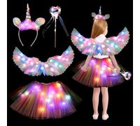 Costme de licorne lumineux pour enfant - Avec ailes d'ange et plumes, auréole - Serre-tête - Baguette magique LED - Tutu - Jupe en tulle - Costume d'Halloween pour enfants . 4 pcs