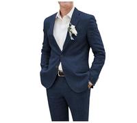 Costume 2 pièces en lin pour homme Blazer Pantalon Boutonnage simple Revers cranté Smoking léger pour Entreprise et Mariage, bleu marine, 5XL