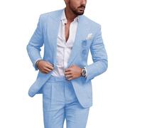 Costume 2 pièces en lin pour homme, coupe ajustée, smoking, été, plage, bal de fin d'année, blazer, bleu ciel, Taille XL