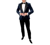 Costume 2 pièces en velours pour homme avec revers à un bouton, coupe ajustée, blazer smoking, fête, dîner, veste et pantalon, bleu marine, 4XL