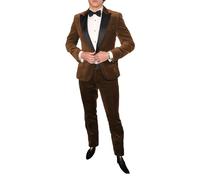 Costume 2 pièces en velours pour homme avec revers à un bouton, coupe ajustée, blazer smoking, fête, dîner, veste et pantalon, marron, M