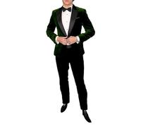 Costume 2 pièces en velours pour homme avec revers à un bouton, coupe ajustée, smoking blazer de bal, veste de soirée et pantalon, vert foncé, XS