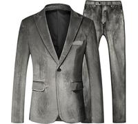 Costume 2 pièces en velours pour homme avec revers cranté et un bouton pour bal de fin d'année, fête d'hiver, dîner, veste et pantalon en velours, gris, XS