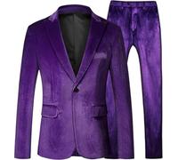 Costume 2 pièces en velours pour homme avec revers cranté et un bouton pour bal de fin d'année, fête d'hiver, dîner, veste et pantalon en velours, violet, M