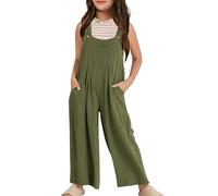 Costume 2026 pour enfants - Combinaison d'été sans manches pour fille avec jambes larges - Barboteuse unie décontractée avec poches - Combinaison ample pour tout-petits et enfants, Vert armée., 5-6