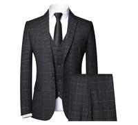 Costume 3 pièces à coupe slim en tartan pour hommes, pour mariage, bal de promo et affaire, ensemble gilet et pantalon, Noir , 5XL