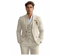 Costume 3 pièces en Lin pour Homme - Coupe ajustée - pour Mariage, Affaires, marié, Bal de Fin d'année, Plage, Beige, Taille S