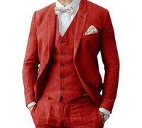 Costume 3 pièces en lin pour homme d'affaires formel blazer pantalon costume revers cranté mariage garçon d'honneur fête, Rouge, 60