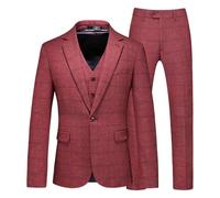Costume 3 pièces en tweed pour homme - Veste gilet et pantalon - Coupe ajustée - Motif écossais - Tenue formelle de mariage et d'affaires, Rouge, 5XL