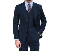 Costume 3 pièces formel en tweed à chevrons pour homme Coupe ajustée Smoking, bleu marine, XXL