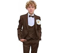 Costume 3 pièces slim fit smoking pour garçon pour tenue de mariage costume enfant ensemble châle revers blazer gilet double boutonnage, marron, 14 ans