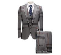 Costume à Carreaux 3 Pièces pour Homme Ensemble Veste et Pantalon à Carreaux à Un Bouton Slim Fit Ensembles de Smoking de Fête de Mariage d'affaires (Gris,L)