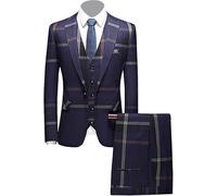 Costume à Carreaux 3 Pièces Slim Fit pour Homme Ensemble Veste et Pantalon à Carreaux à Un Bouton Ensembles de Smoking de Fête de Mariage d'affaires (Caché Bleu,M)