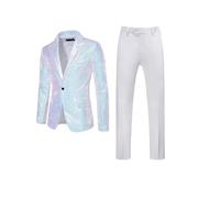 Costume à paillettes pour homme 2 pièces confortable et respirant pour affaires, danse sociale, fête, blazer, blanc, M