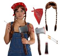 Costume adulte de la ferme des années 70 - Bandana rouge, perruque tressée, hache sanglante, faux sang, faux cigare - Déguisement d'Halloween pour adulte