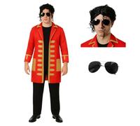Costume adulte Roi de la pop - Costume de pop star rouge de style militaire avec perruque bouclée et lunettes d'aviateur - Déguisement des années 80 pour Halloween et cosplay