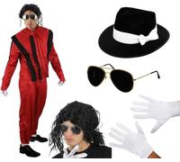 Costume adulte Roi de la pop - XXL - Veste et pantalon rouges, perruque effet mouillé - Chapeau Fedora noir - Gants blancs - Lunettes de soleil - Déguisement d'Halloween adulte