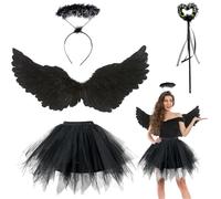 Costume Ailes d'ange Noires pour Femme, Ailes d'ange Noires Enfant avec Baguette et Tête, Costume d'ailes d'ange déchu pour Halloween, Costume d'ailes d'ange, Déguisement Carnaval Fête Cosplay