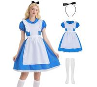 Costume Alice C061S pour femme et adulte, col Peter Pan, bleu, avec tablier, bandeau, chaussettes, carnaval, merveille, princesse pour femme, anniversaire, carnaval, cosplay, fête avec accessoires